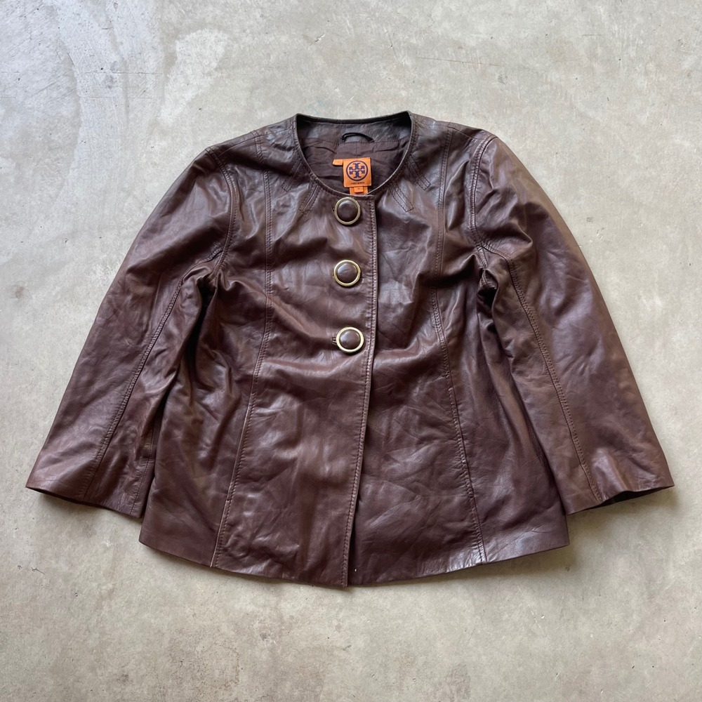 Tory Burch Brown Leather Jacket Womens 12 Collarless Button Front Coat